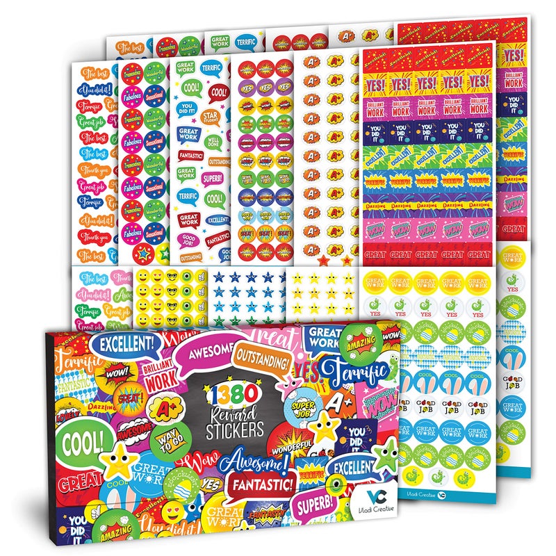 Vladi Creative Teacher Reward Stickers - 1380 Pcs, 22 Sheets of Premium Reward Stickers, Colorful, Fun Designs to Inspire and Motivate Kids & Students, Perfect for Classroom & Homeschool Incentives - Image 1